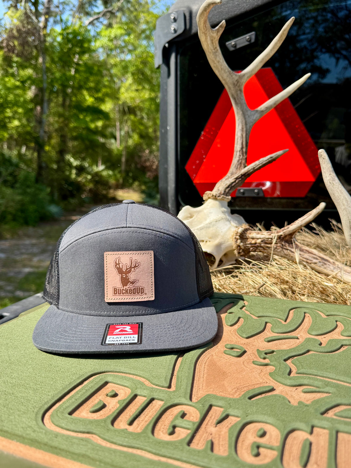 BuckedUp® Leather Patch 7 Panel Hi Profile Charcoal with Black Mesh Snapback