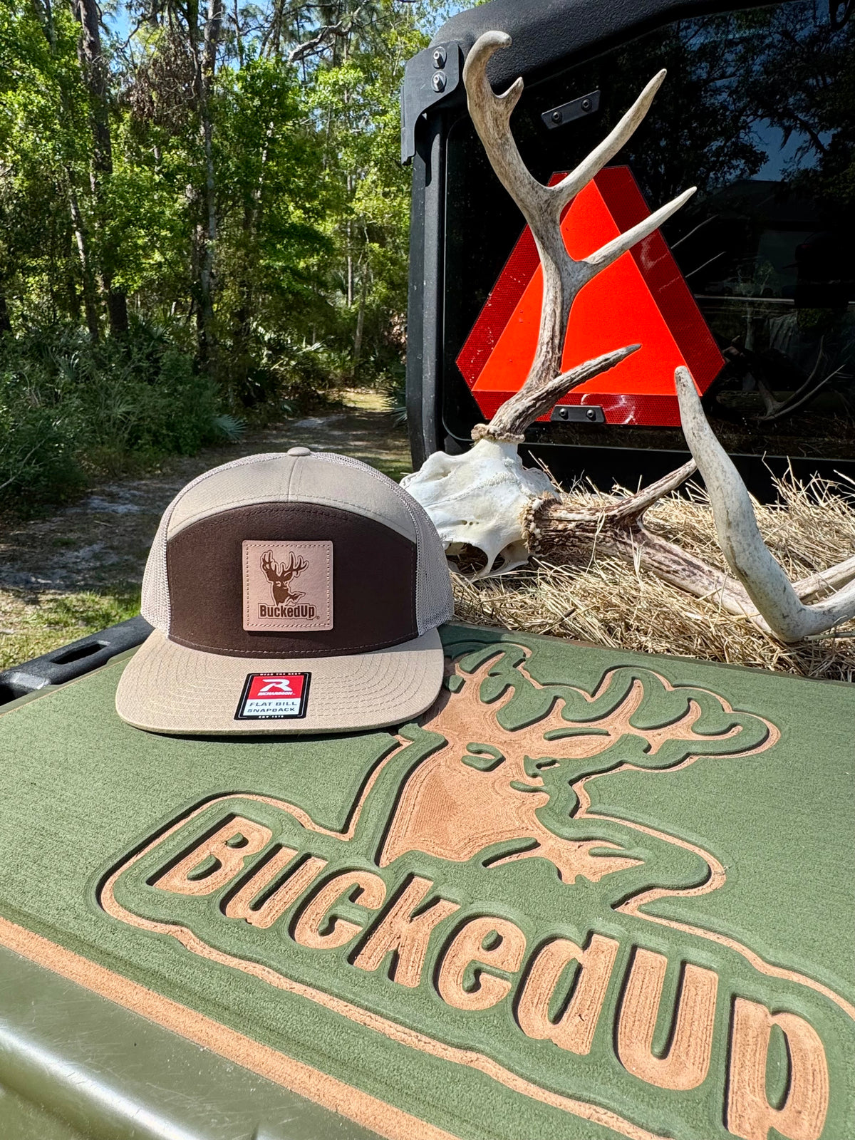 BuckedUp® Leather Patch 7 Panel Hi Profile Brown Front with Tan Mesh Snapback