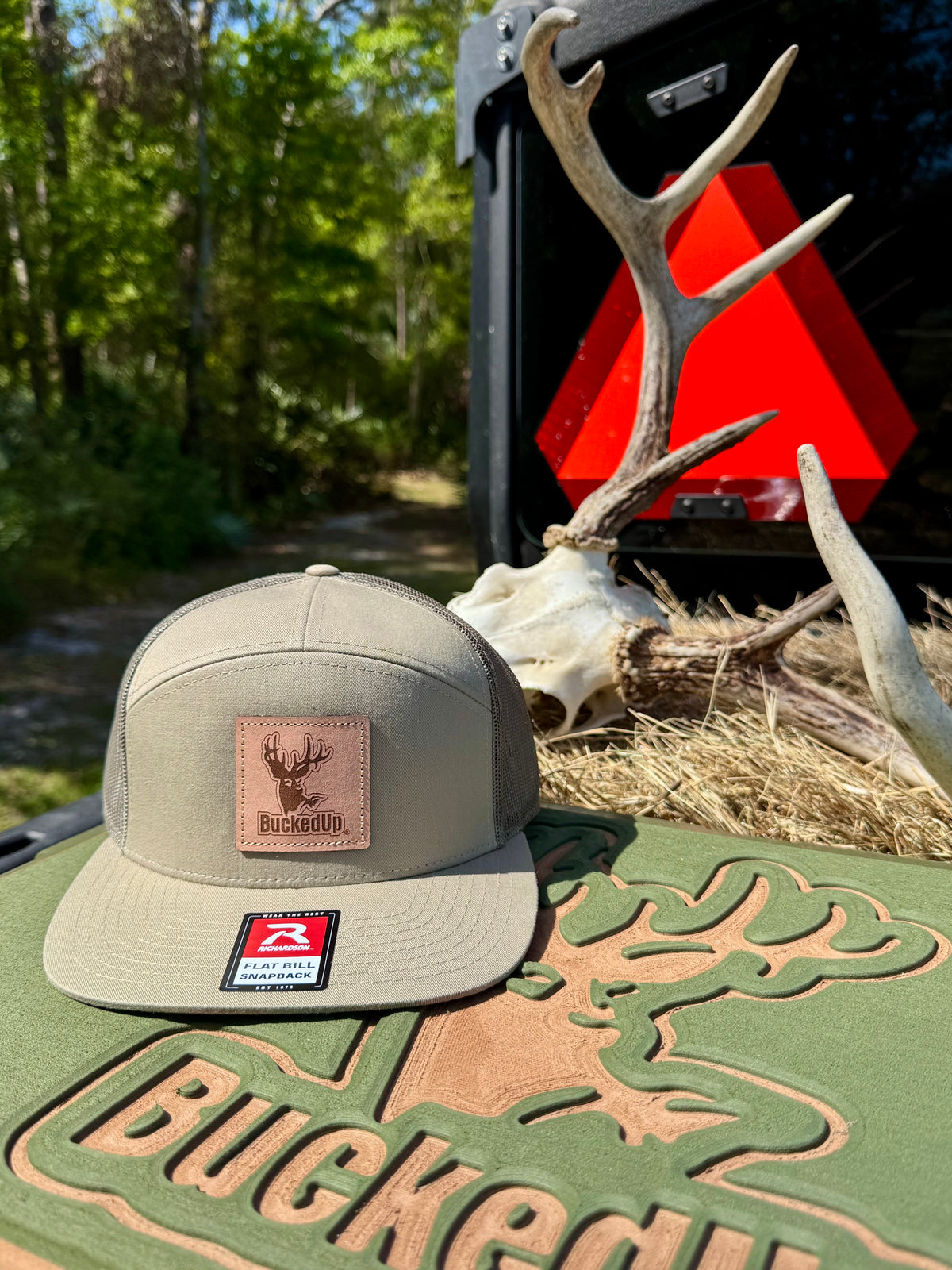 BuckedUp® Leather Patch 7 Panel Hi Profile All Tan Tan Mesh Snapback