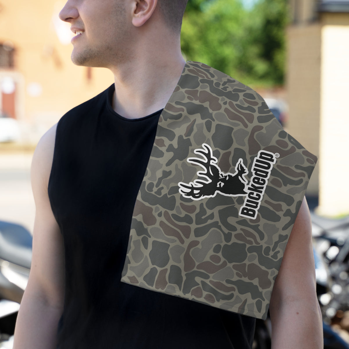 Buck Camo Rally Towel with BuckedUp Logo