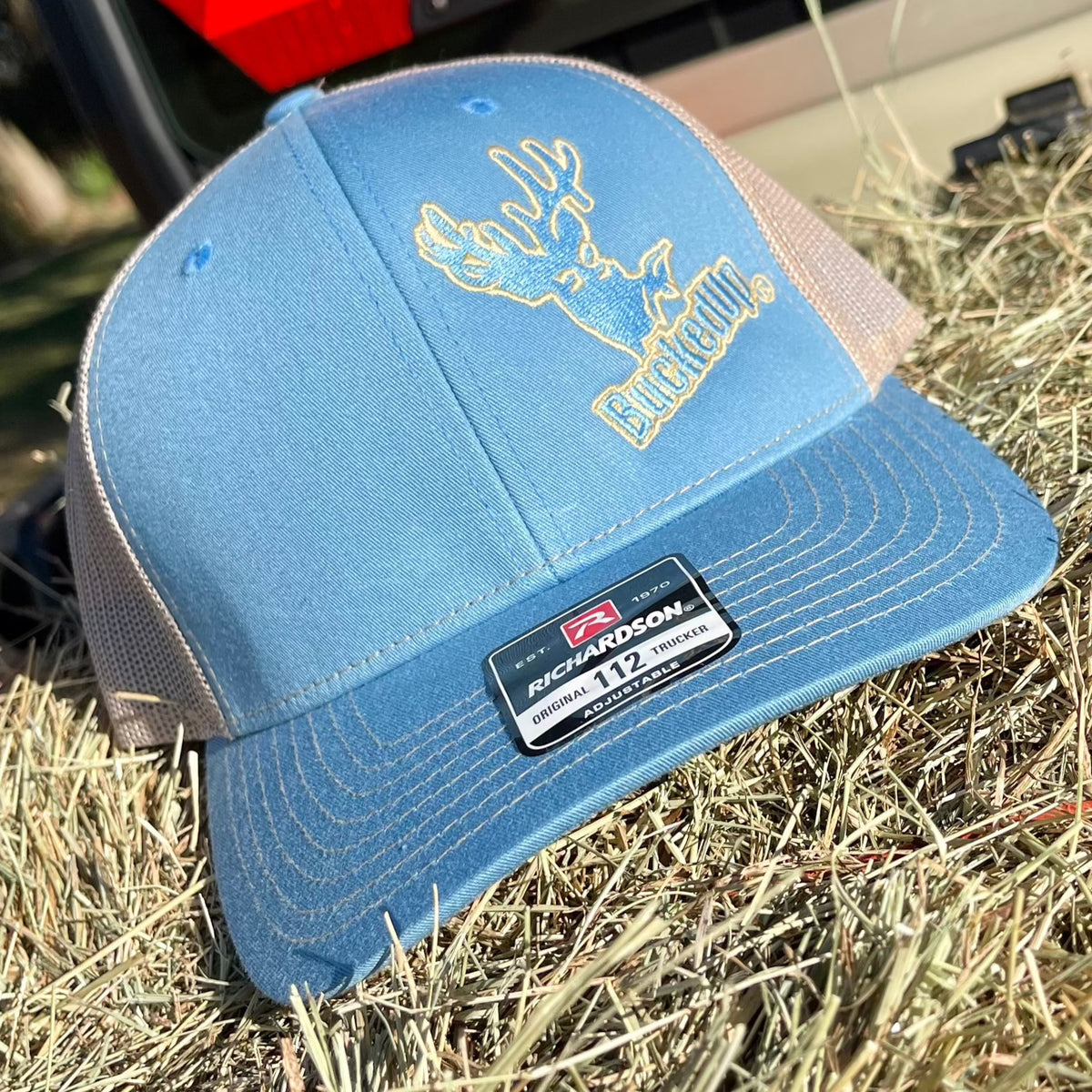 BuckedUp® Blue Logo Blue with Tan Mesh Snapback
