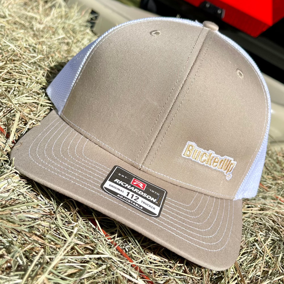 BuckedUp® Tan Text Tan with White Mesh Snapback