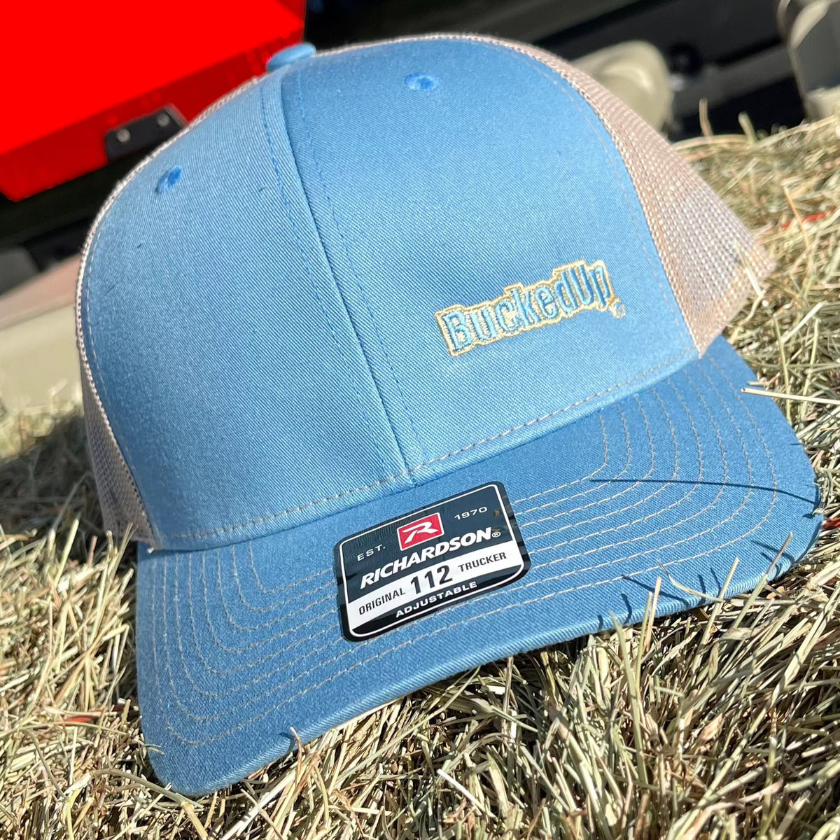 BuckedUp® Blue Text Blue with Tan Mesh Snapback