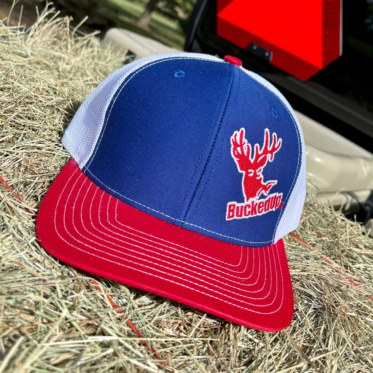 BuckedUp® Red Bill Blue with Red Logo and White Mesh Snapback