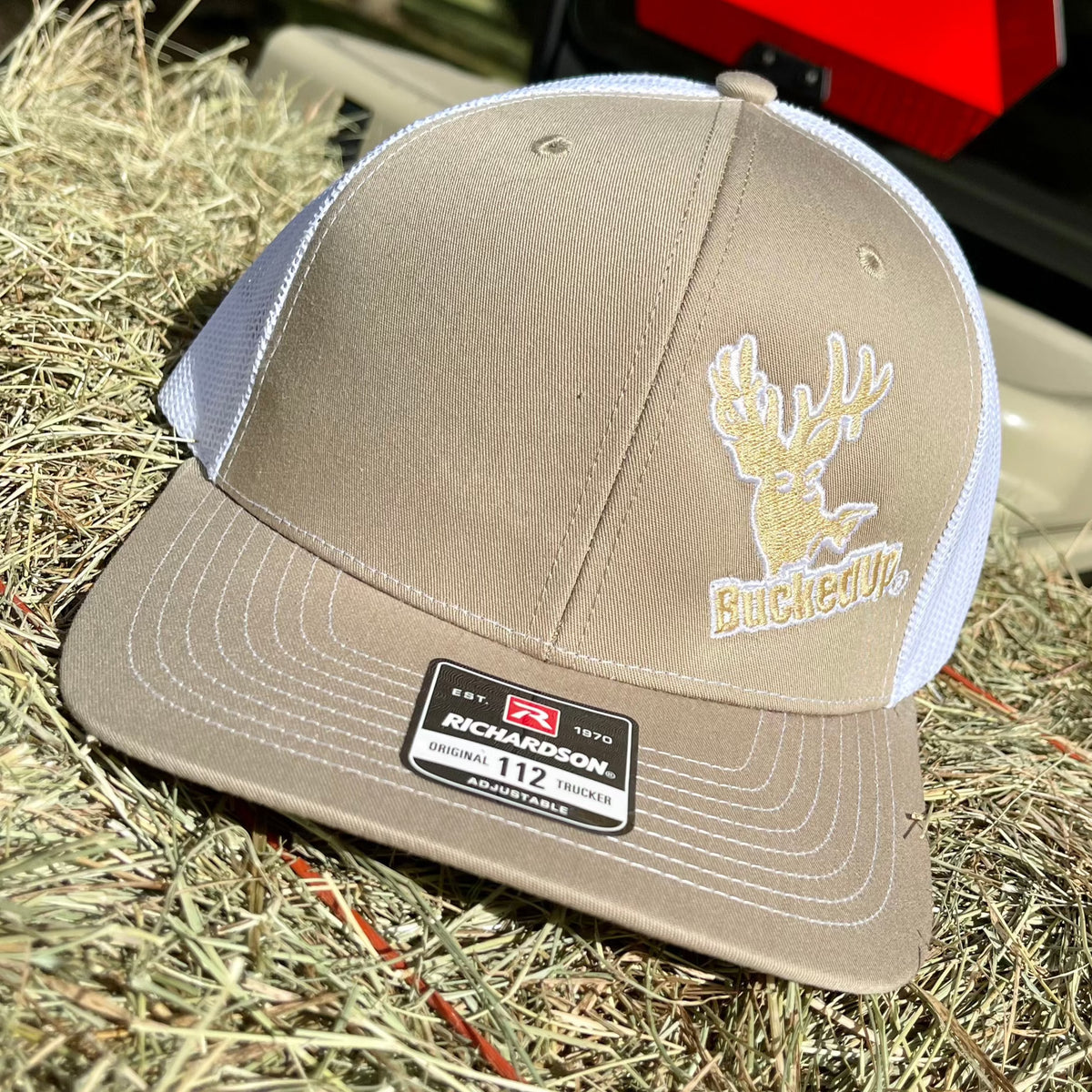 BuckedUp® Tan Logo Tan with White Mesh Snapback