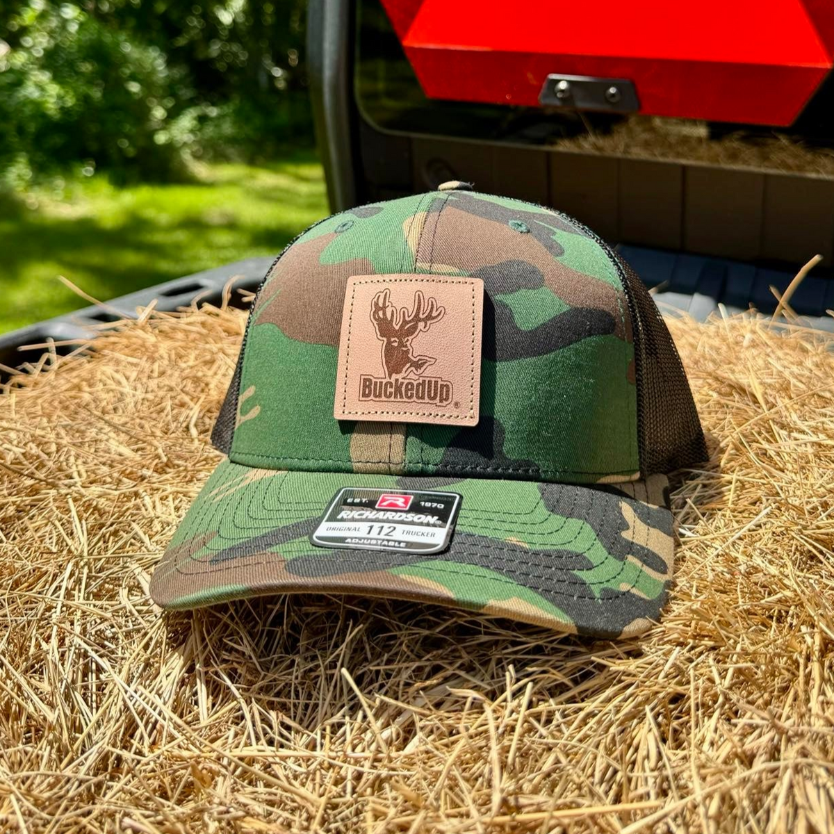 BuckedUp® Leather Patch Green Camo with Black Mesh Snapback