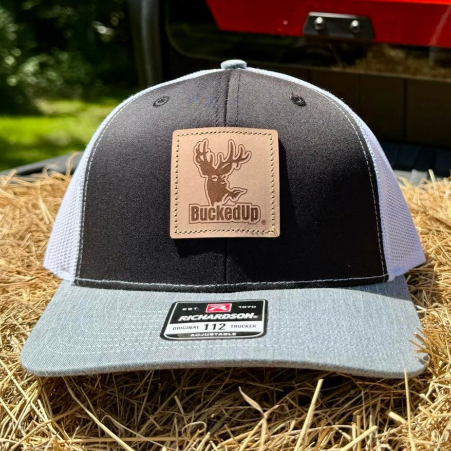 BuckedUp® Leather Patch Black with Grey Bill and White Mesh Snapback