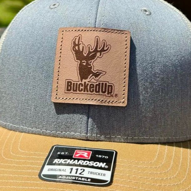 BuckedUp® Leather Patch Grey with Gold Bill and Birch Mesh Snapback