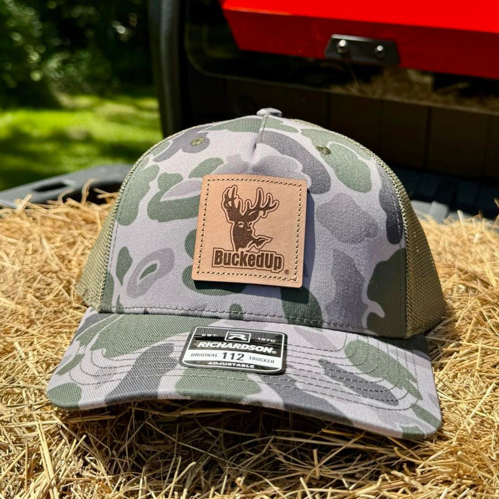 BuckedUp® Leather Patch Marsh Duck Camo with Green Mesh Snapback