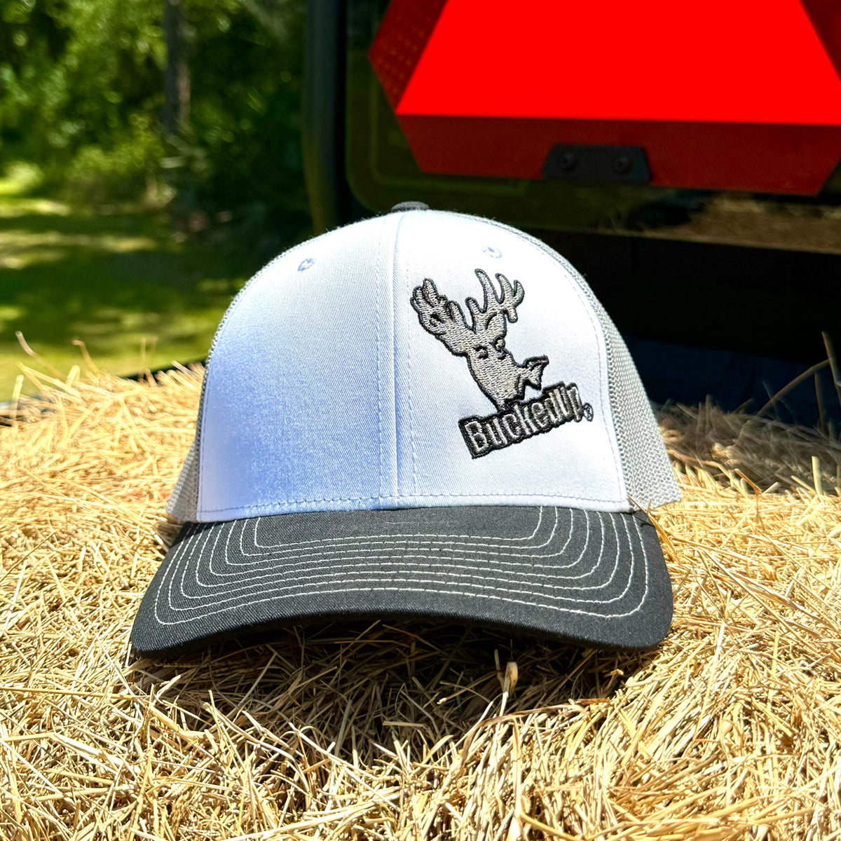 BuckedUp® Logo Black Bill White with Grey Mesh Snapback