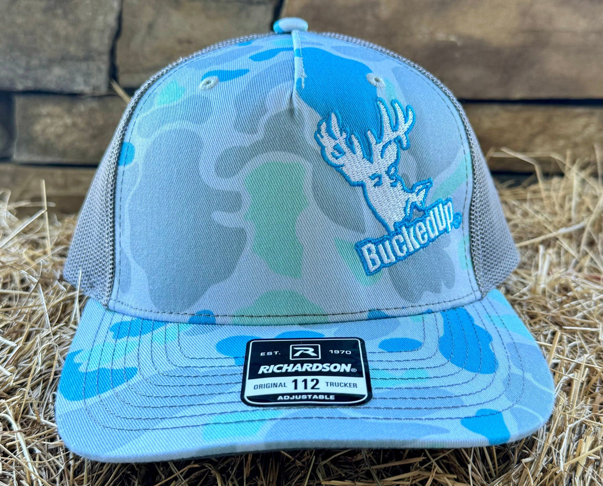 BuckedUp® Logo in Saltwater Camo and Gray Mesh Snapback