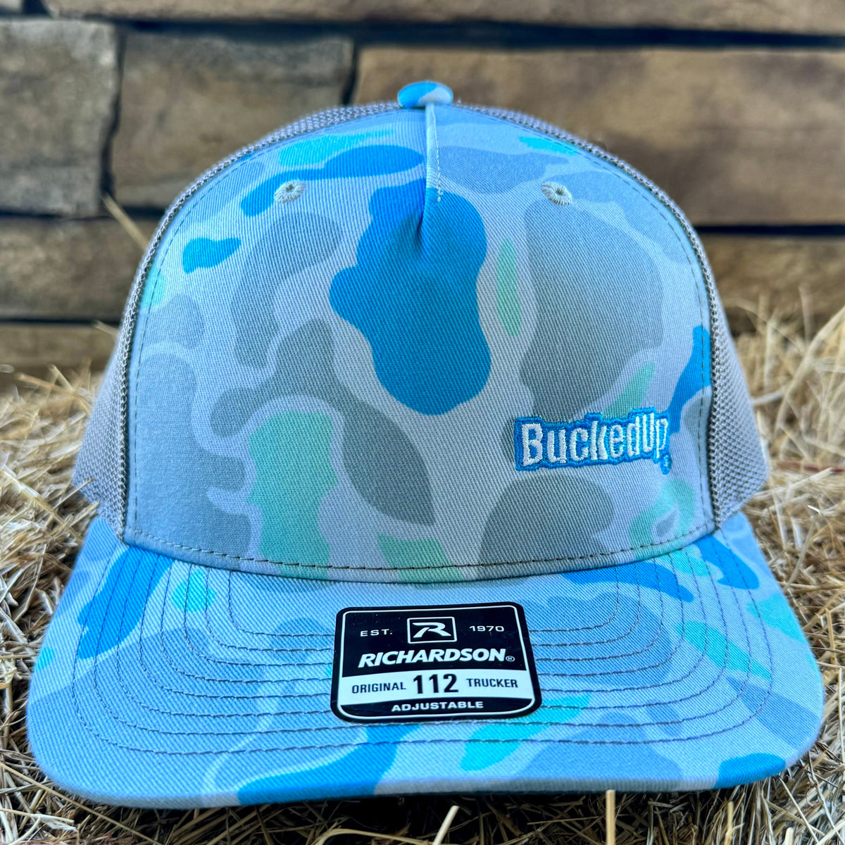 BuckedUp® Text in Saltwater Camo and Gray Mesh Snapback