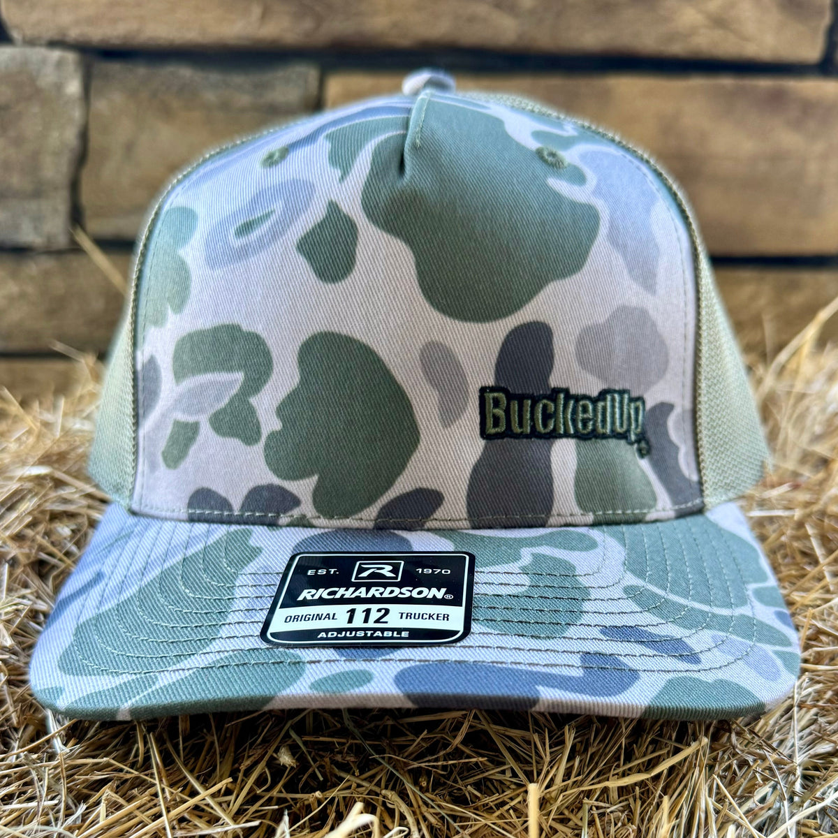 BuckedUp® Text in Buck Camo and Green Mesh Snapback