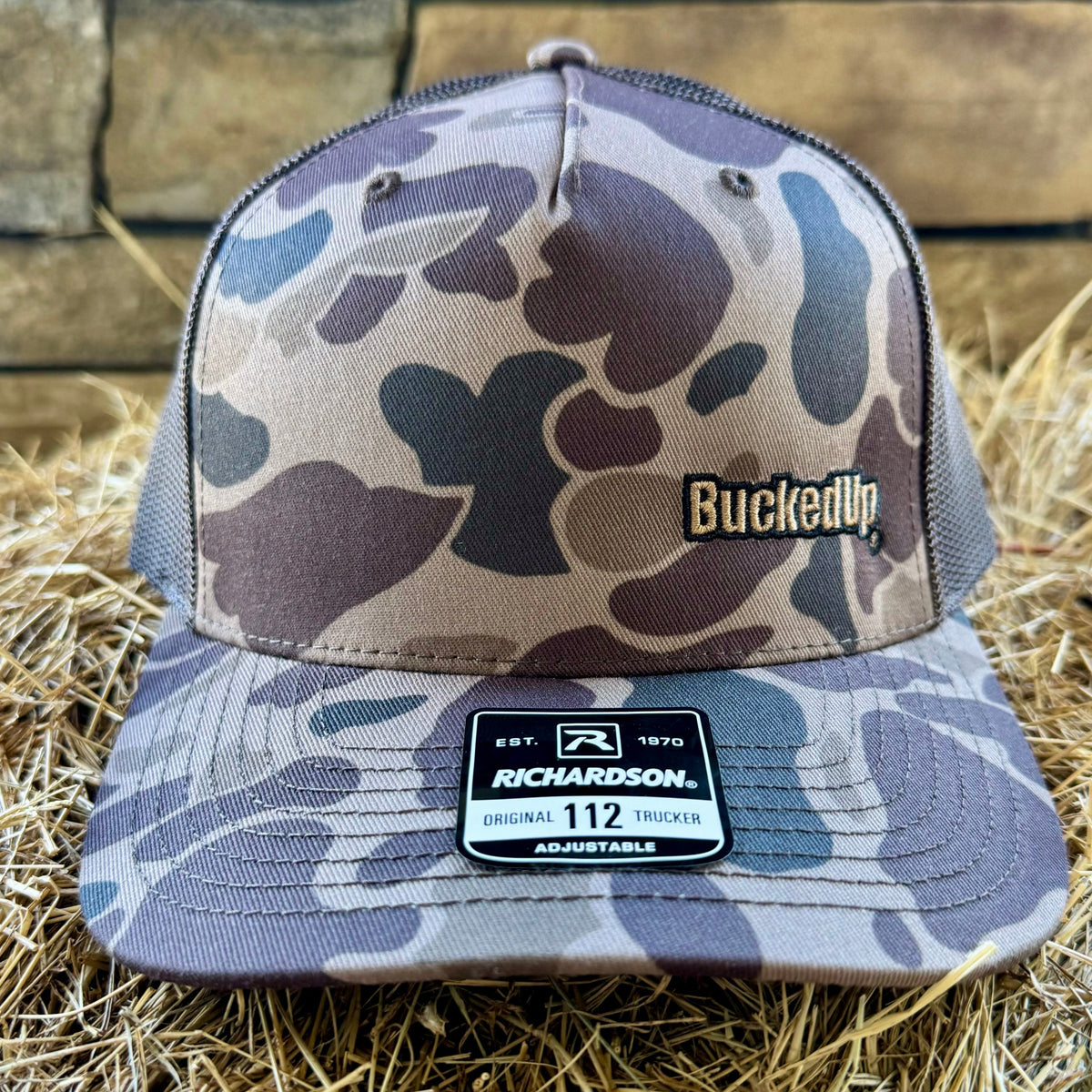 BuckedUp® Text in Duck Camo and Brown Mesh Snapback