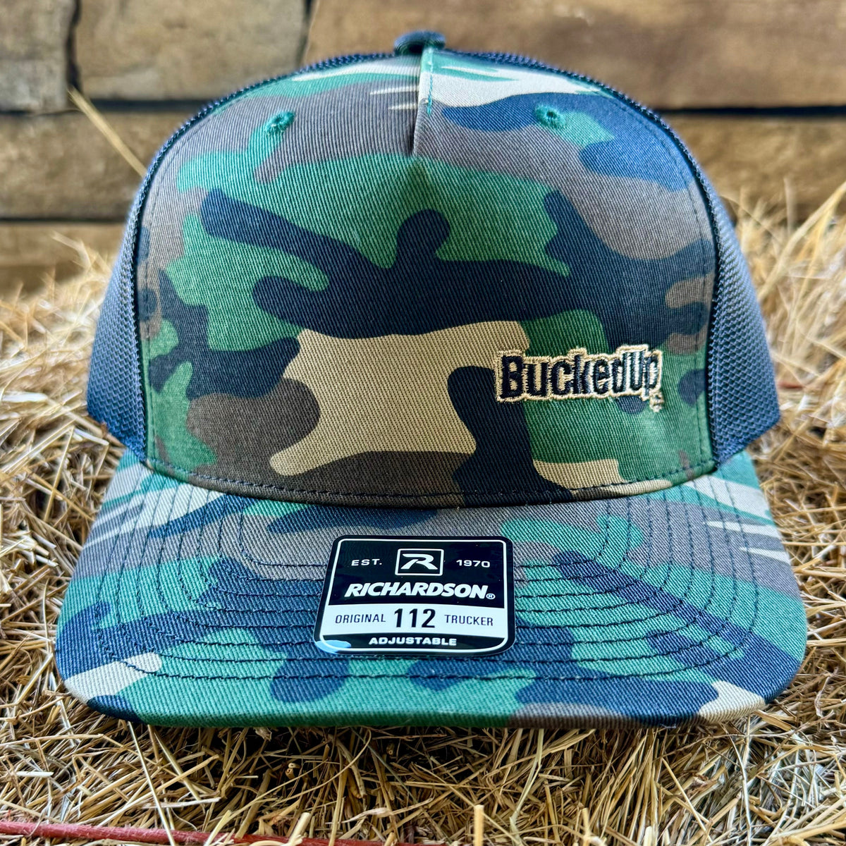 BuckedUp® Text in Army Camo and Black Mesh Snapback - BuckedUp Apparel