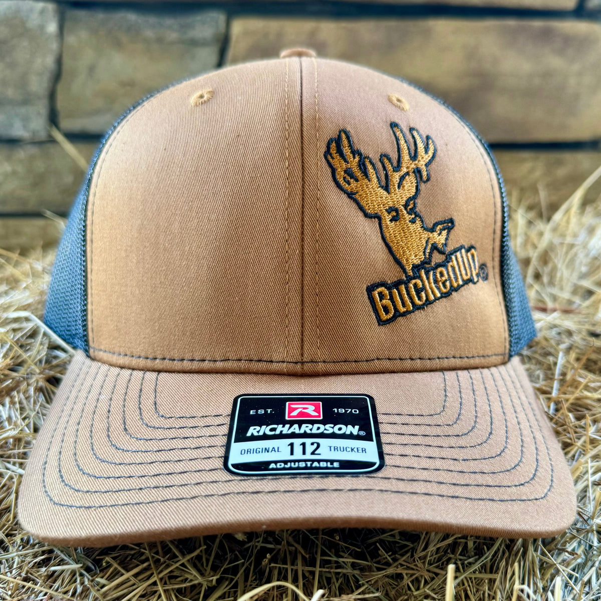 BuckedUp® Logo in Camel and Black Mesh Snapback