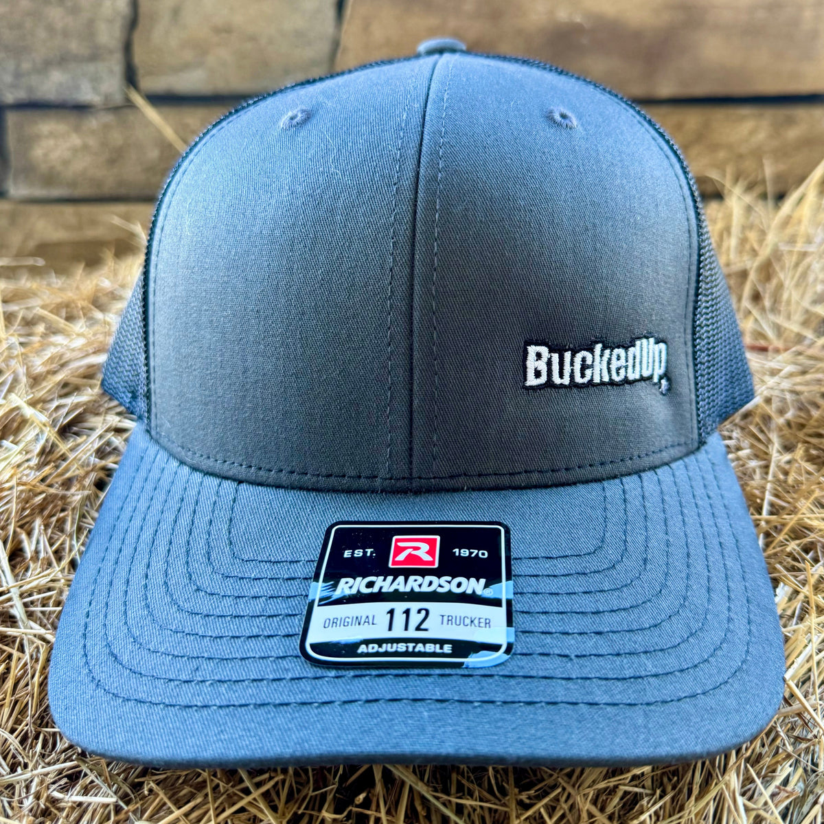 BuckedUp® Dark Gray Text White with Black Mesh Snapback