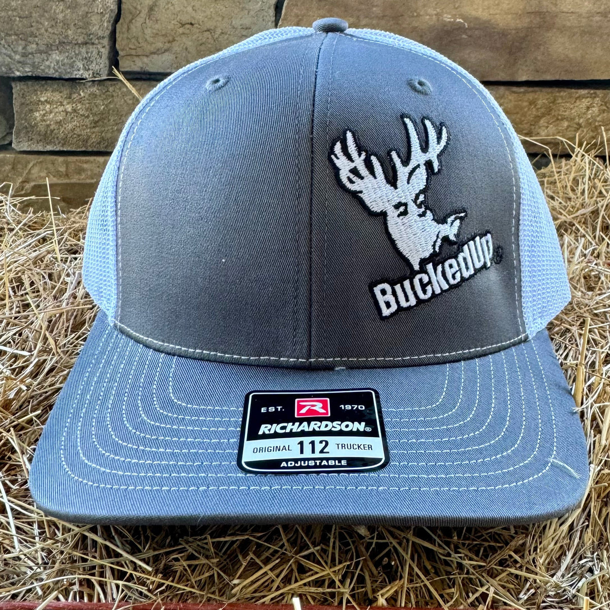 BuckedUp® Grey Logo Grey with White Mesh Snapback