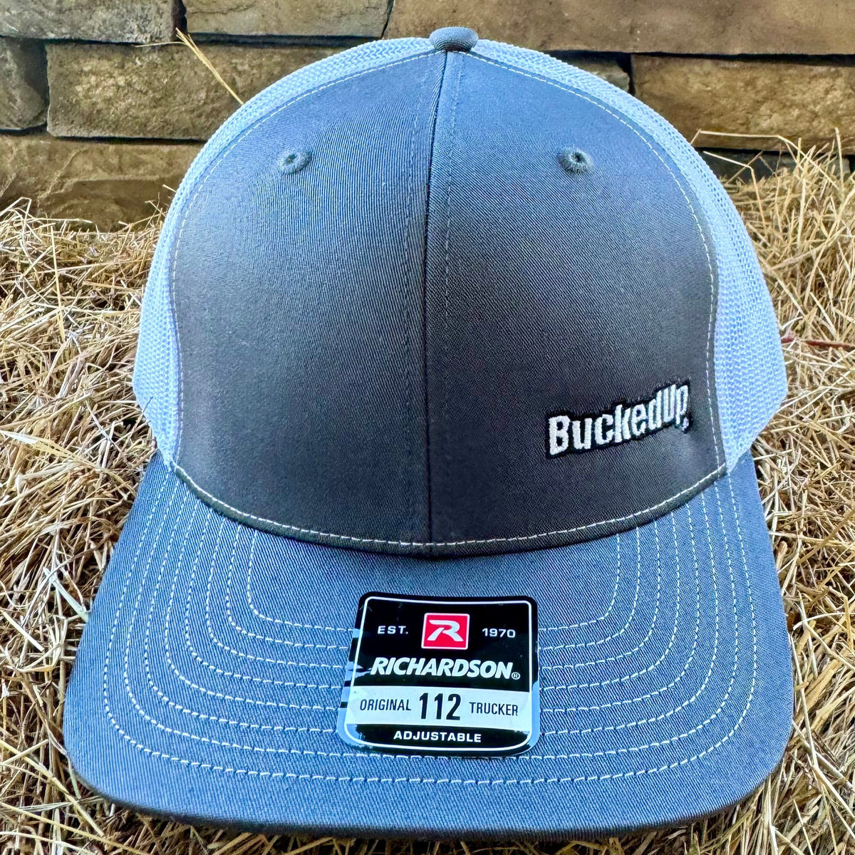 BuckedUp® Grey Text Grey with White Mesh Snapback