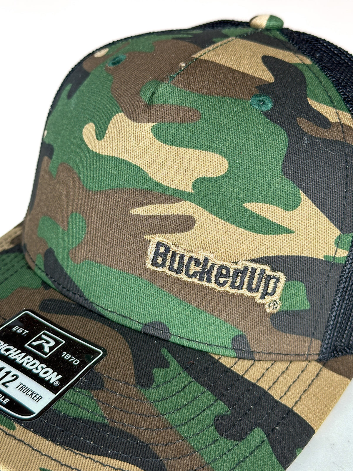 BuckedUp® Text in Army Camo and Black Mesh Snapback - BuckedUp Apparel