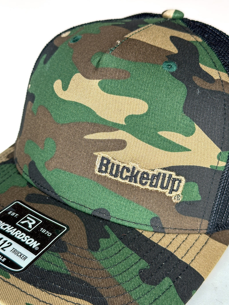 BuckedUp® Text in Army Camo and Black Mesh Snapback - BuckedUp Apparel