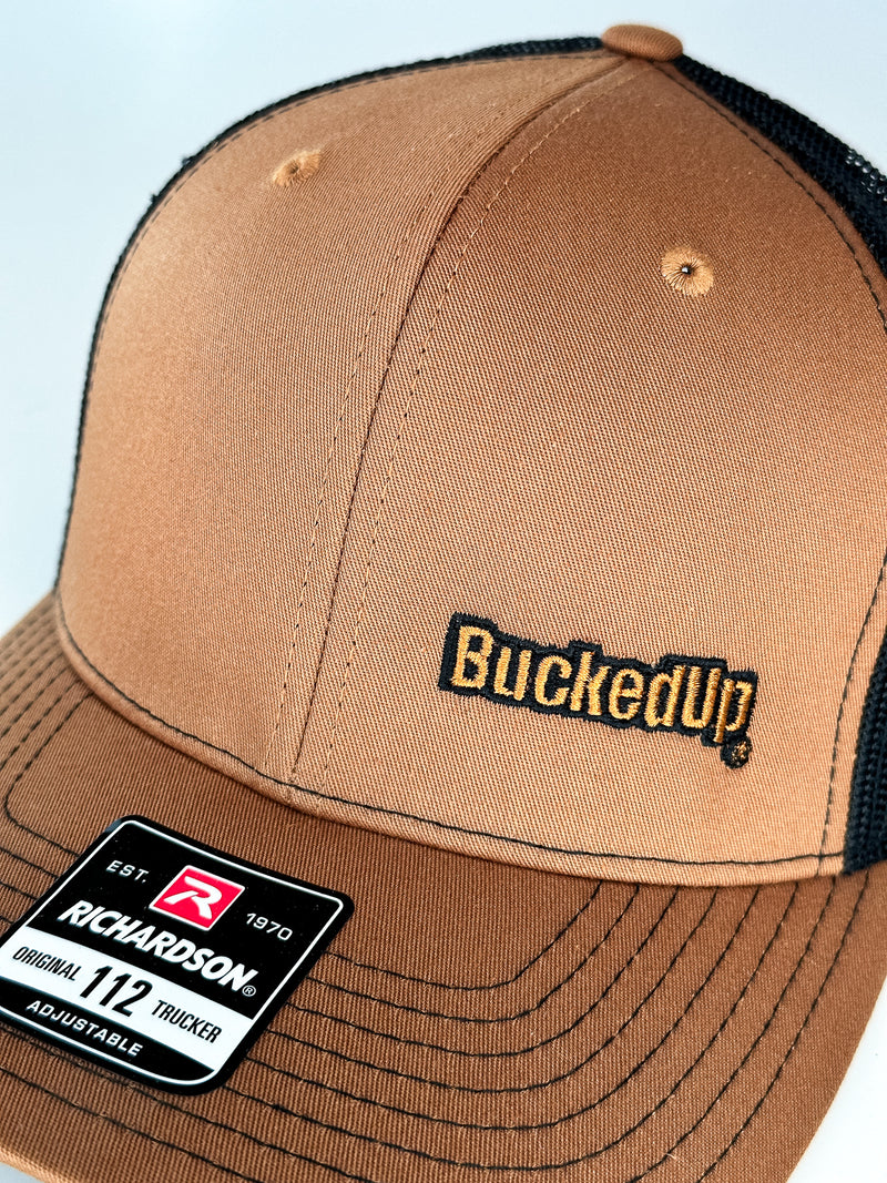 BuckedUp® Text in Camel and Black Mesh Snapback - BuckedUp Apparel
