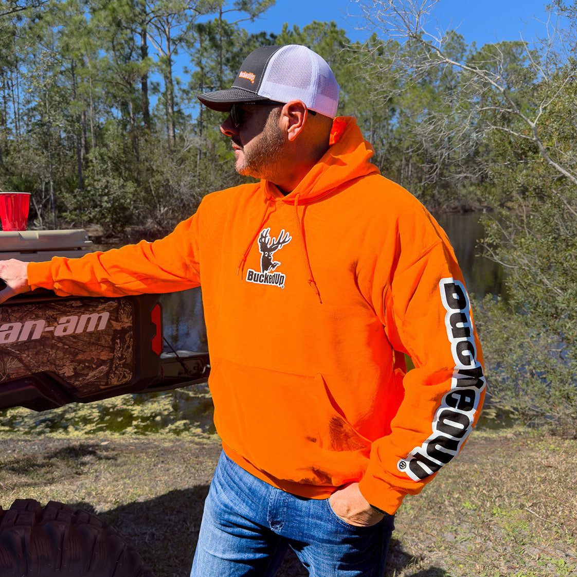 Pullover Hoodie - Safety Orange with White BuckedUp® Logo - BuckedUp Apparel