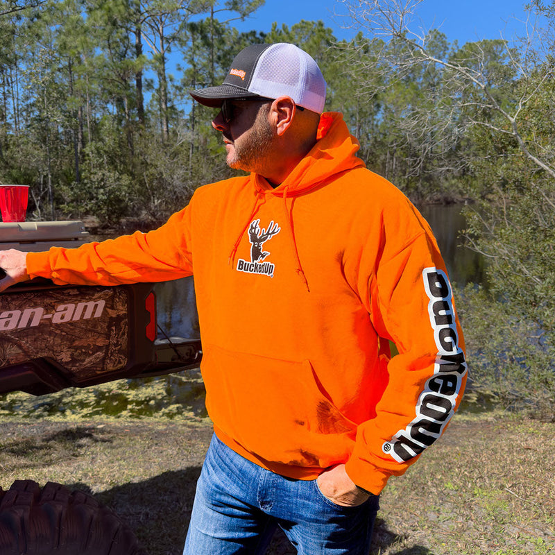 Pullover Hoodie - Safety Orange with White BuckedUp® Logo - BuckedUp Apparel