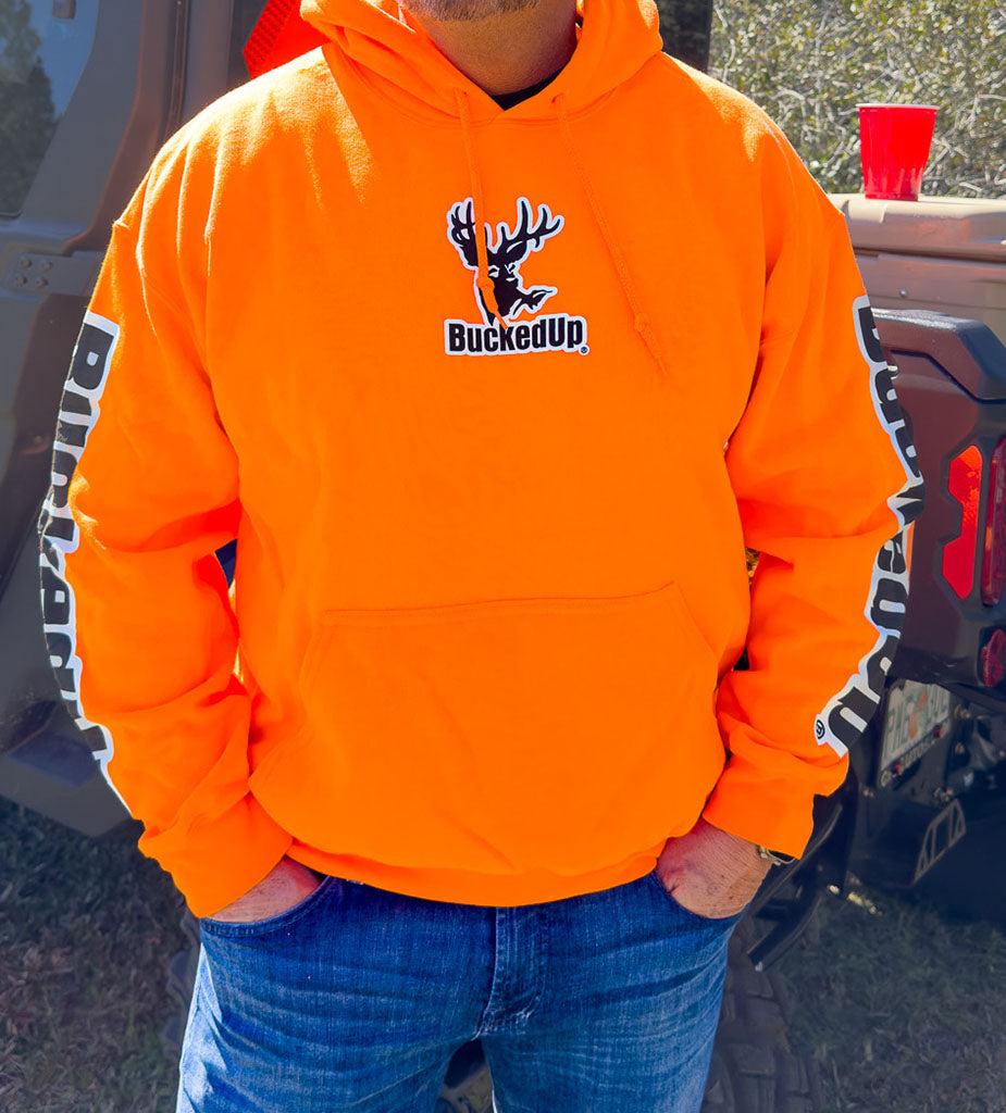 Pullover Hoodie - Safety Orange with White BuckedUp® Logo - BuckedUp Apparel
