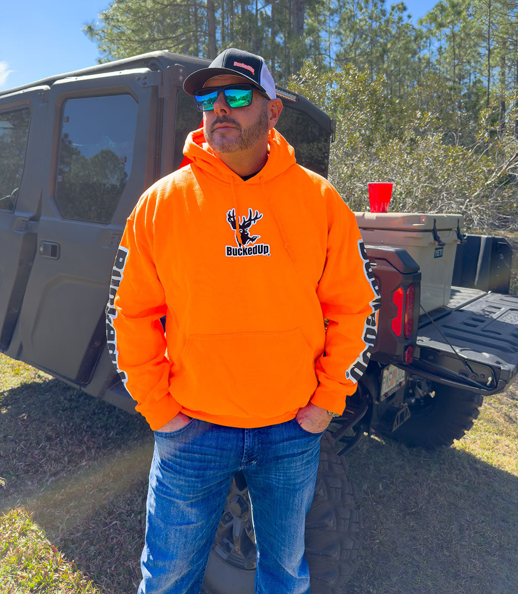 Pullover Hoodie - Safety Orange with White BuckedUp® Logo - BuckedUp Apparel