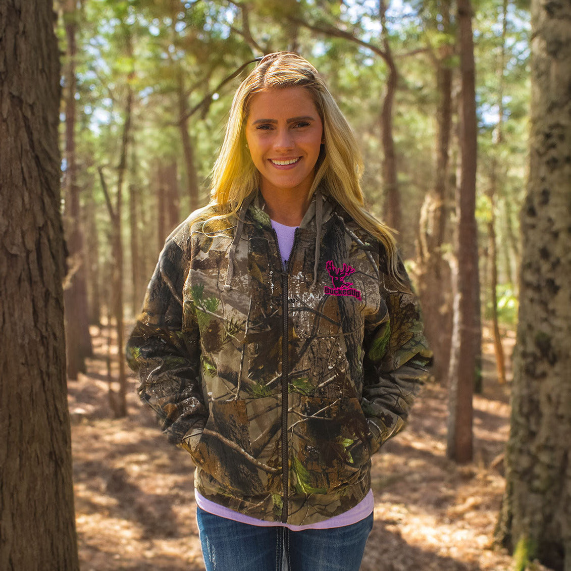 Zipper Hoodie Realtree® APG Camo with BuckedUp® Pink Logo with Embroidered Logo - BuckedUp Apparel