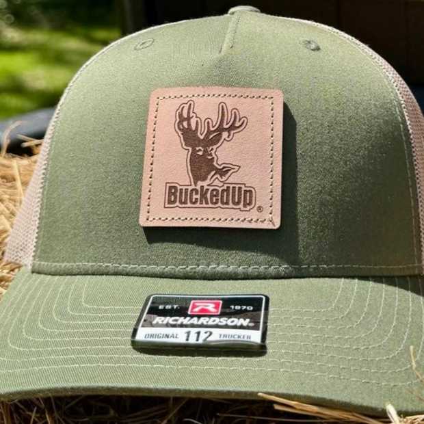 BuckedUp® Leather Patch Army Olive with Tan Mesh Snapback