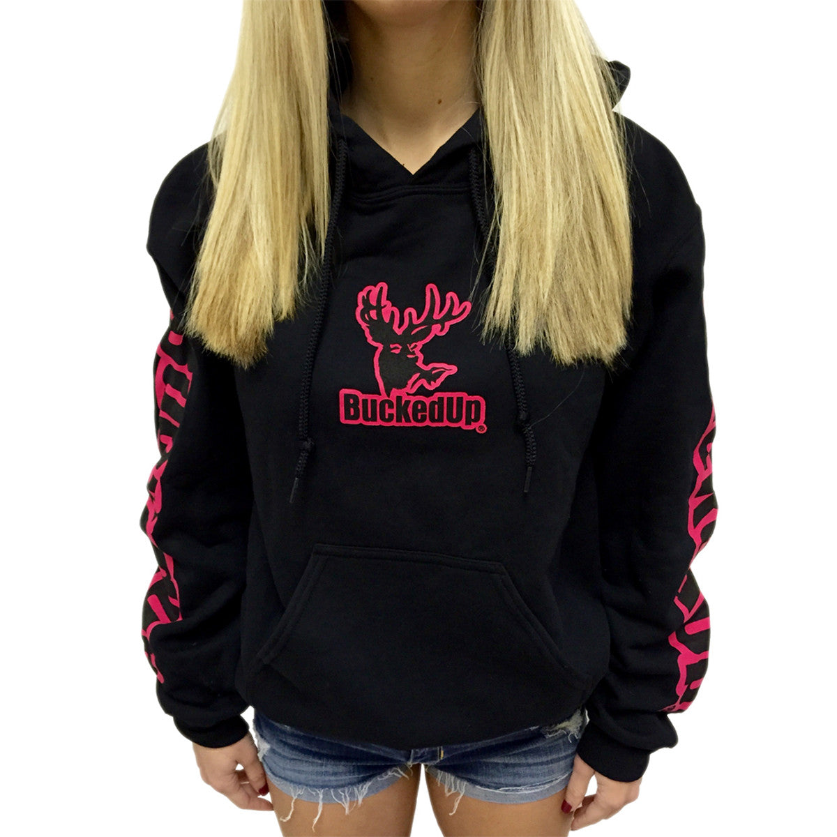 Pullover Hoodie - Black with Pink BuckedUp® Logo - BuckedUp Apparel