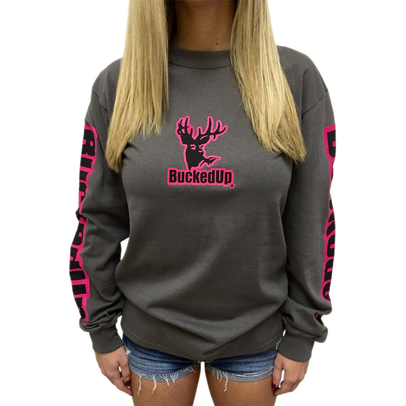 Long Sleeve Charcoal Grey with Pink BuckedUp® Logo - BuckedUp Apparel