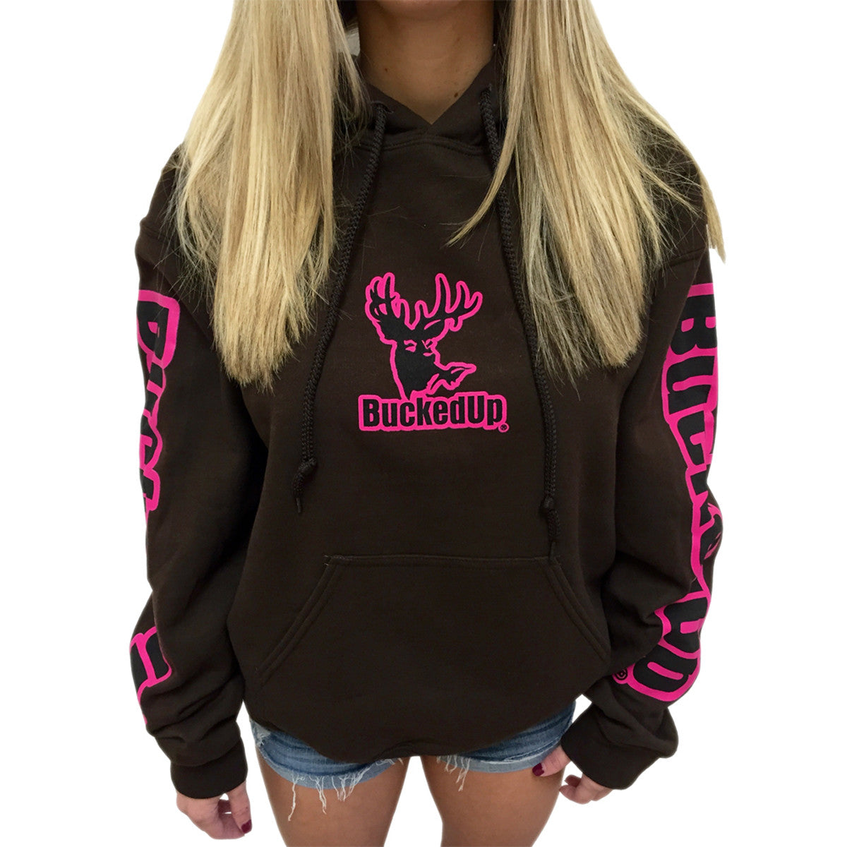Pullover Hoodie - Chocolate with Pink BuckedUp® Logo - BuckedUp Apparel