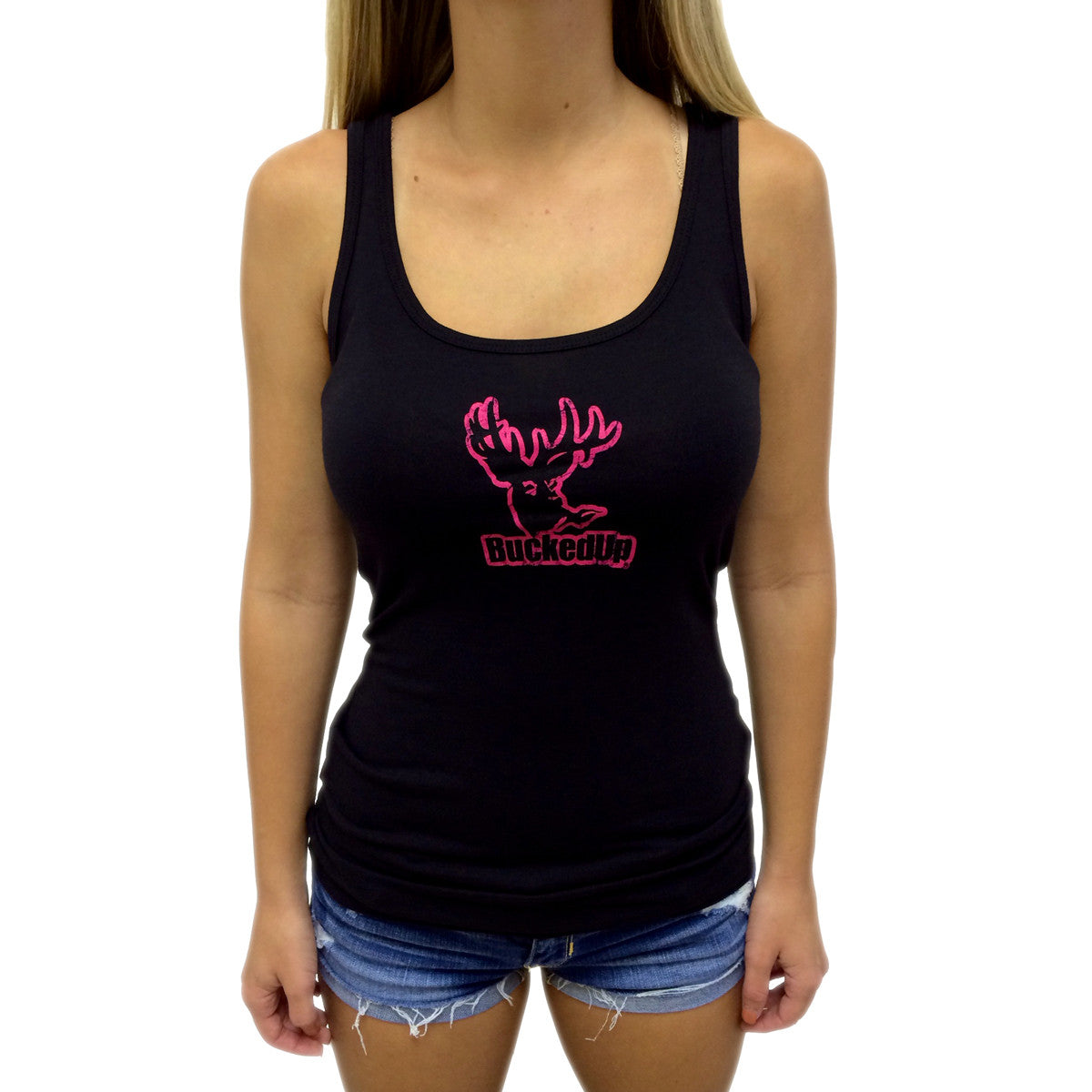 Distressed Tank - Black with Pink BuckedUp® Logo - BuckedUp Apparel