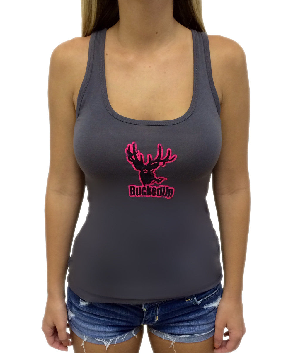 Distressed Tank - Charcoal Grey with Pink BuckedUp® Logo - BuckedUp Apparel