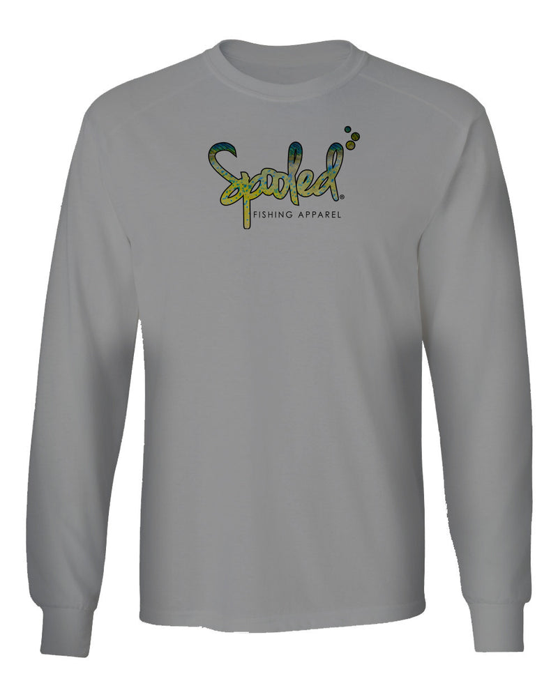 Performance Long Sleeve Silver with Spooled Mahi Skin Logo SPF-30 - BuckedUp Apparel