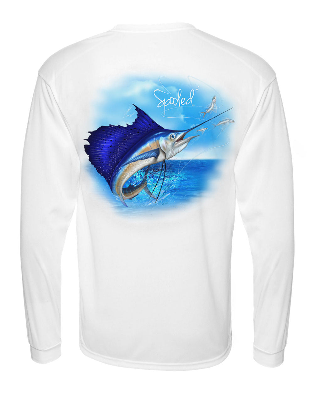 Performance Long Sleeve White with Spooled Sailfish SPF-30 - BuckedUp Apparel