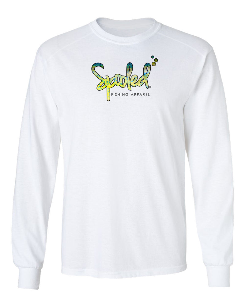 Performance Long Sleeve White with Spooled Mahi Skin Logo SPF-30 - BuckedUp Apparel