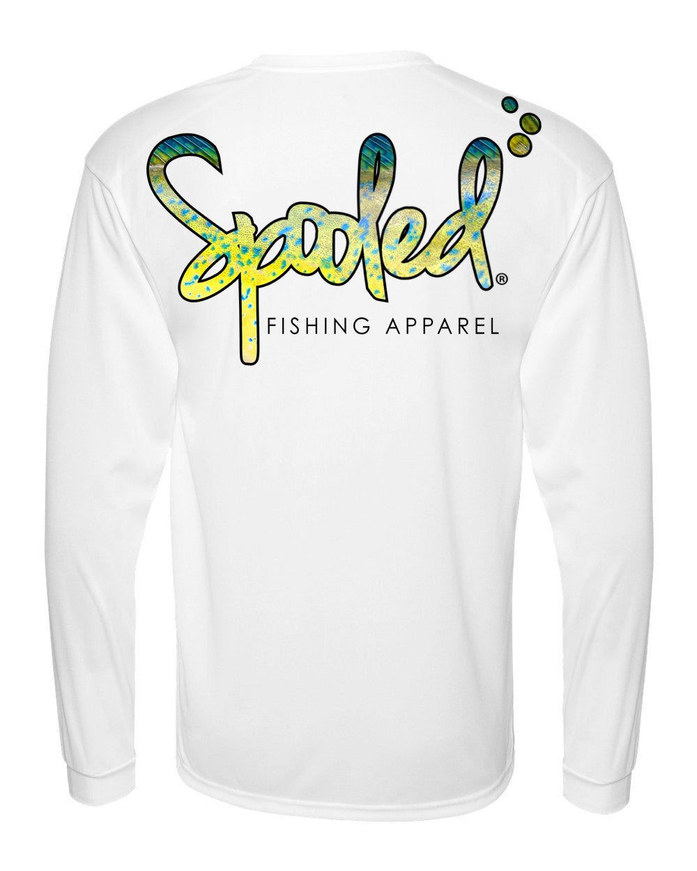 Performance Long Sleeve White with Spooled Mahi Skin Logo SPF-30 - BuckedUp Apparel