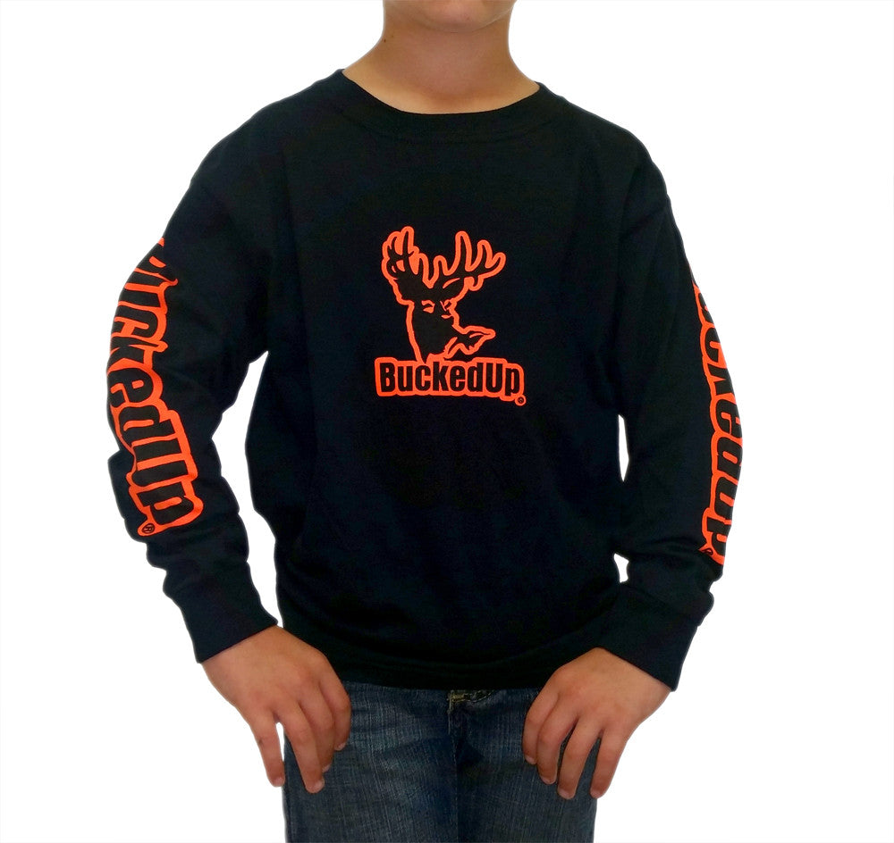 Youth Long Sleeve BuckedUp® Black with Orange Logo - BuckedUp Apparel
