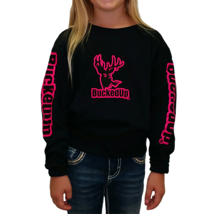 Youth Long Sleeve BuckedUp® Black with Pink Logo - BuckedUp Apparel