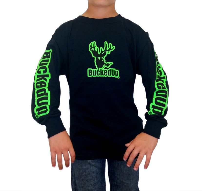 Youth Long Sleeve BuckedUp® Black with Green Logo - BuckedUp Apparel