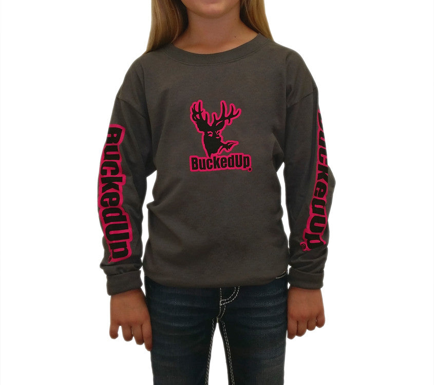 Long Sleeve Charcoal Grey with Pink BuckedUp® Logo - BuckedUp Apparel