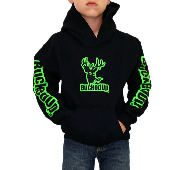 Youth Pullover Hoodie BuckedUp® Black with Neon Green Logo