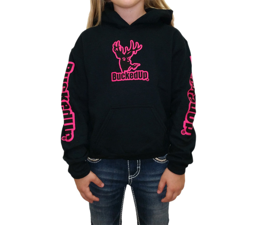 Youth Pullover Hoodie BuckedUp® Black with Pink Logo