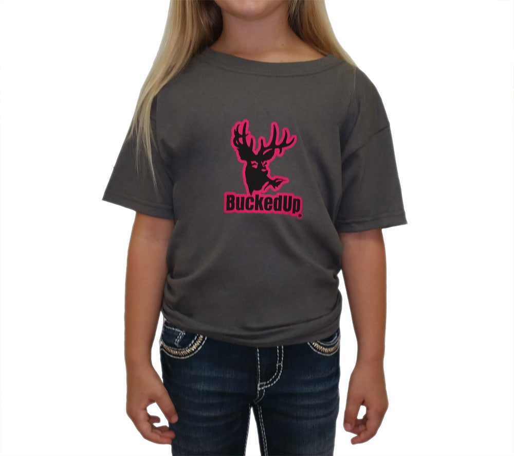 Youth Short Sleeve BuckedUp® Charcoal Grey with Pink Logo - BuckedUp Apparel