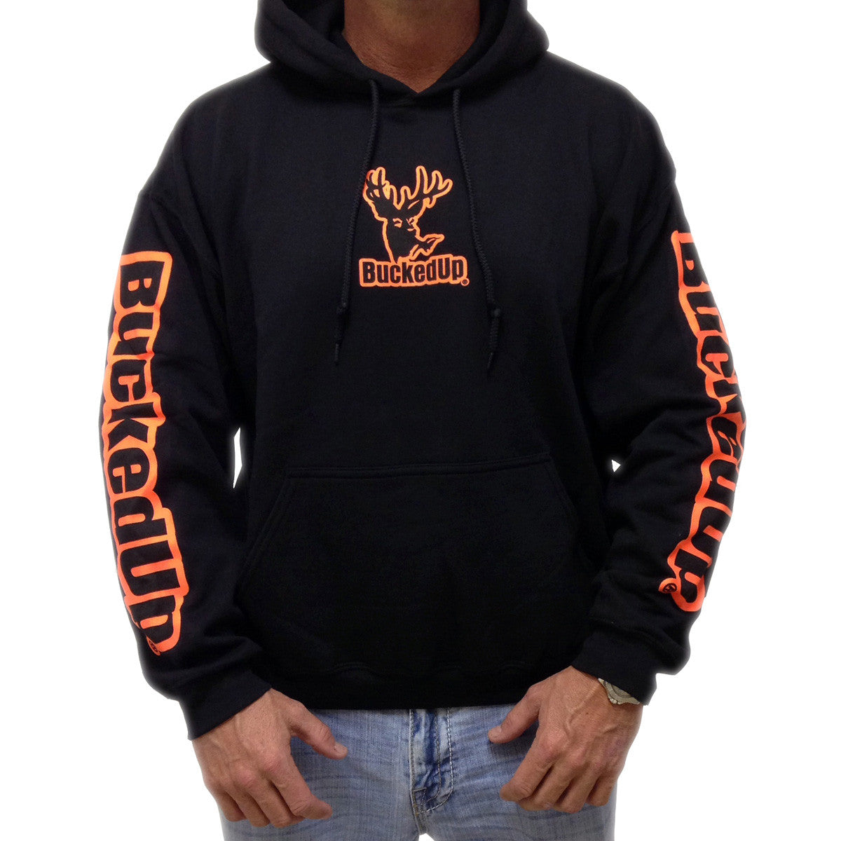 Pullover Hoodie - Black with Orange BuckedUp® Logo - BuckedUp Apparel