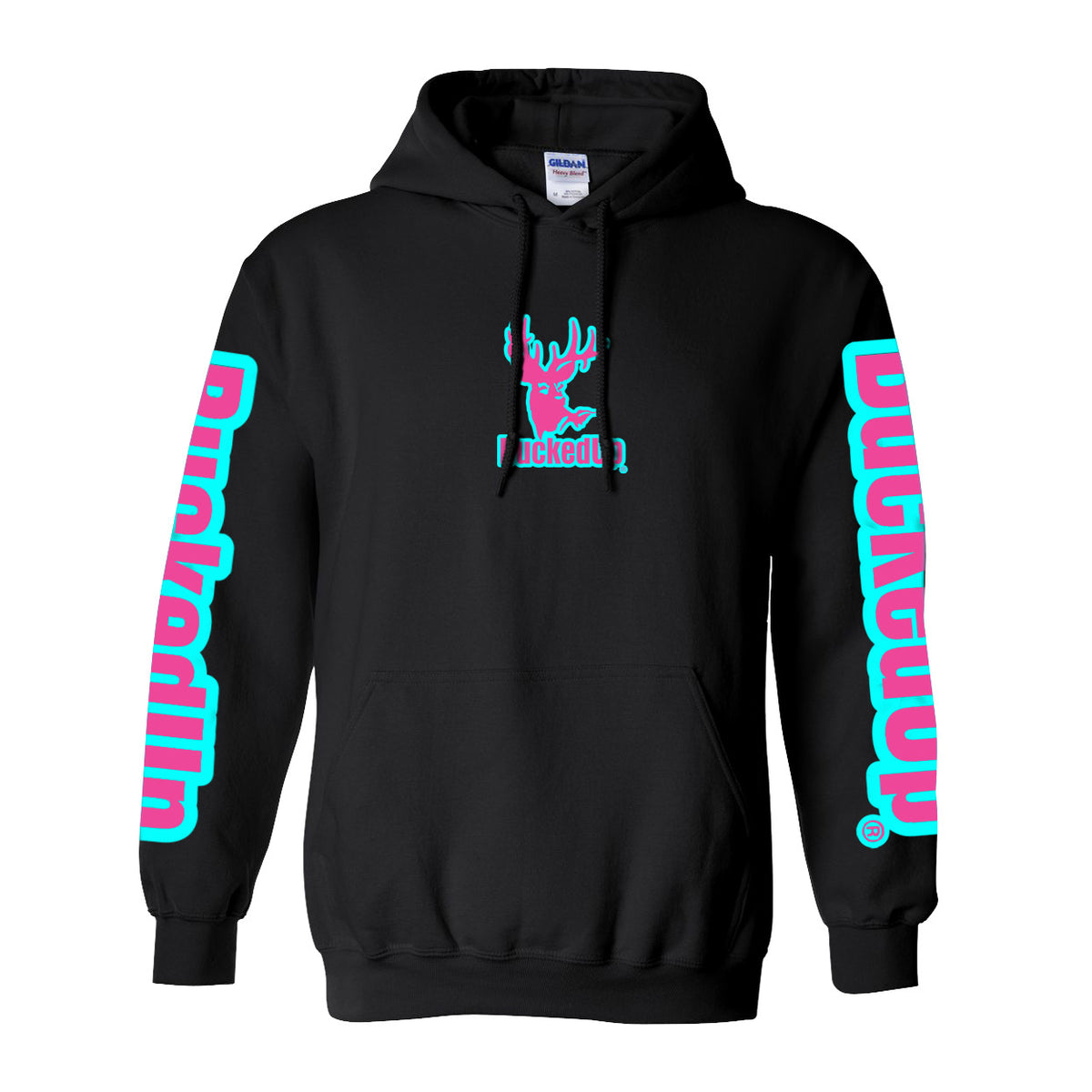 Pullover Hoodie - Black with Aqua Blue Pink BuckedUp® Logo - BuckedUp Apparel